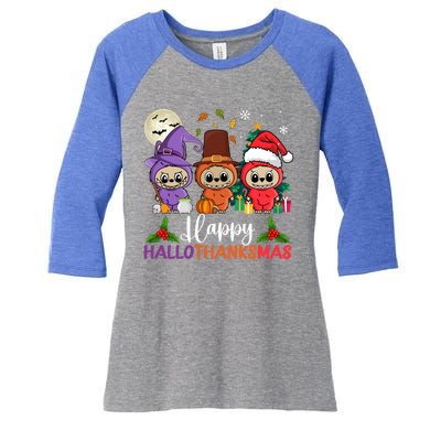 Happy Hallothanksmas Labubu Lover Halloween Fall Christmas Great Gift Women's Tri-Blend 3/4-Sleeve Raglan Shirt