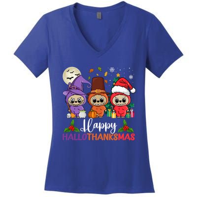 Happy Hallothanksmas Labubu Lover Halloween Fall Christmas Great Gift Women's V-Neck T-Shirt