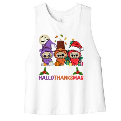 Happy Hallothanksmas Labubu Lover Halloween Fall Christmas Great Gift Women's Racerback Cropped Tank