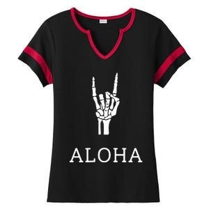 Halloween Hang Loose Skeleton Shaka Aloha – Over Left Breast Ladies Halftime Notch Neck Tee