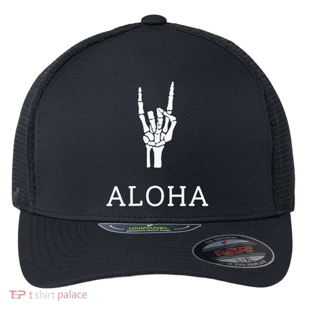 Halloween Hang Loose Skeleton Shaka Aloha – Over Left Breast Flexfit Unipanel Trucker Cap