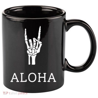 Halloween Hang Loose Skeleton Shaka Aloha – Over Left Breast 11oz C Handle Ceramic Mug