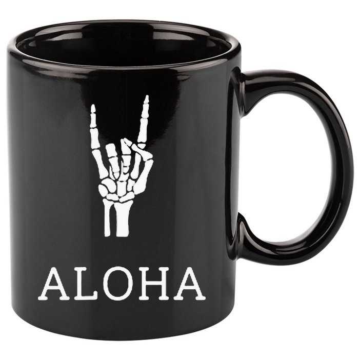 Halloween Hang Loose Skeleton Shaka Aloha – Over Left Breast 11oz C Handle Ceramic Mug