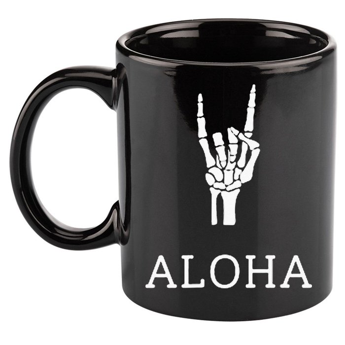 Halloween Hang Loose Skeleton Shaka Aloha – Over Left Breast 11oz C Handle Ceramic Mug
