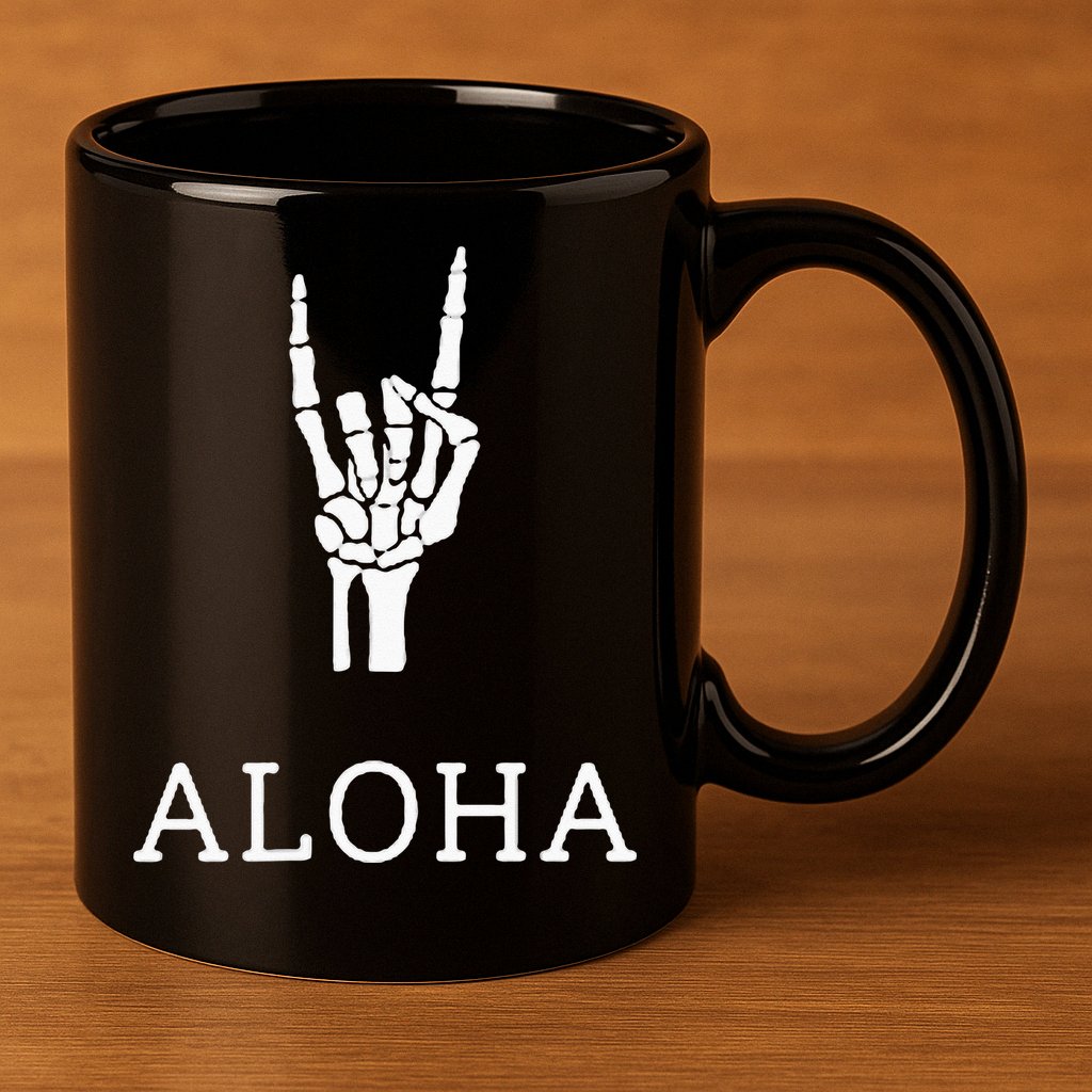 Halloween Hang Loose Skeleton Shaka Aloha – Over Left Breast 11oz C Handle Ceramic Mug