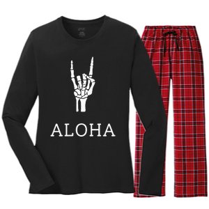 Halloween Hang Loose Skeleton Shaka Aloha – Over Left Breast Women's Long Sleeve Flannel Pajama Set 