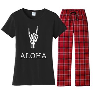 Halloween Hang Loose Skeleton Shaka Aloha – Over Left Breast Women's Flannel Pajama Set