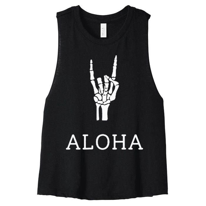 Halloween Hang Loose Skeleton Shaka Aloha – Over Left Breast Women's Racerback Cropped Tank