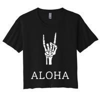 Halloween Hang Loose Skeleton Shaka Aloha – Over Left Breast Women's Crop Top Tee