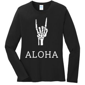 Halloween Hang Loose Skeleton Shaka Aloha – Over Left Breast Ladies Long Sleeve Shirt