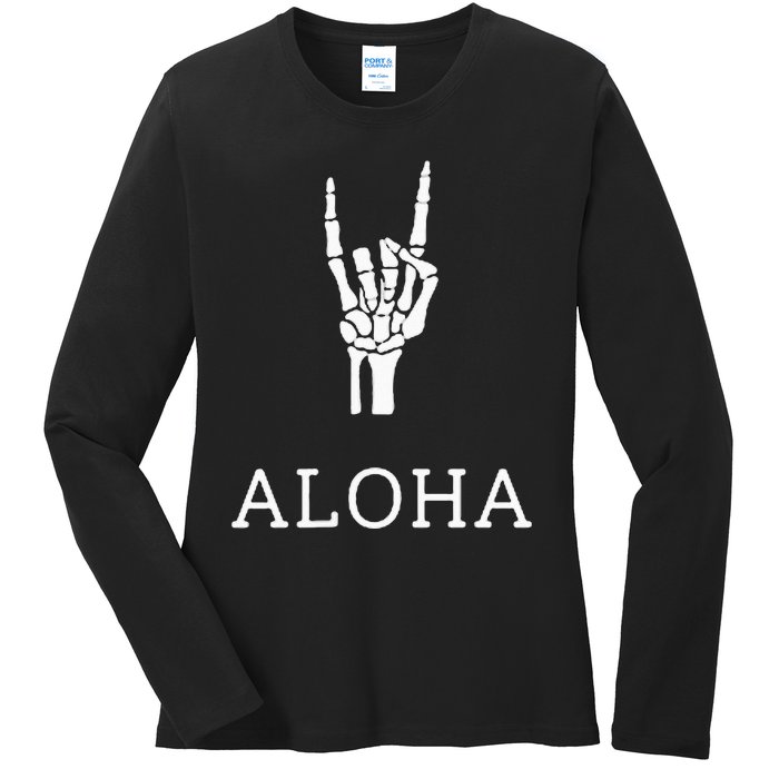 Halloween Hang Loose Skeleton Shaka Aloha – Over Left Breast Ladies Long Sleeve Shirt