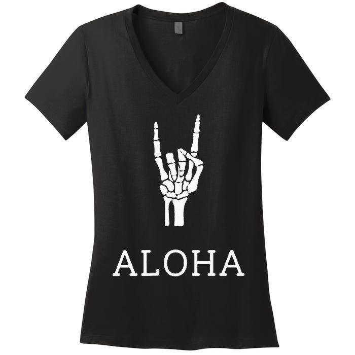 Halloween Hang Loose Skeleton Shaka Aloha – Over Left Breast Women's V-Neck T-Shirt