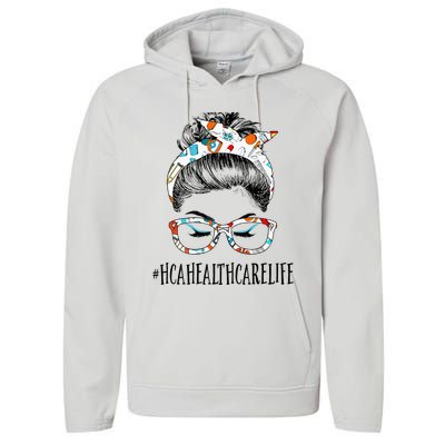 HCA Healthcare Life Messy Hair Woman Bun Healthcare Performance Fleece Hoodie