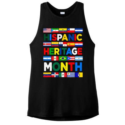 Hispanic Heritage Month Flags All Countries Flag Heart Hands Ladies PosiCharge Tri-Blend Wicking Tank