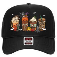 Halloween Horror Movie And Coffee Spooky Season Hello Fall High Crown Mesh Back Trucker Hat