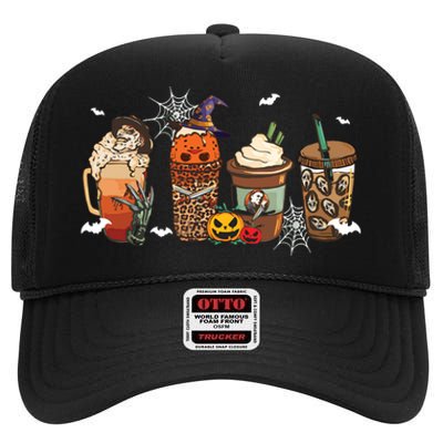 Halloween Horror Movie And Coffee Spooky Season Hello Fall High Crown Mesh Back Trucker Hat