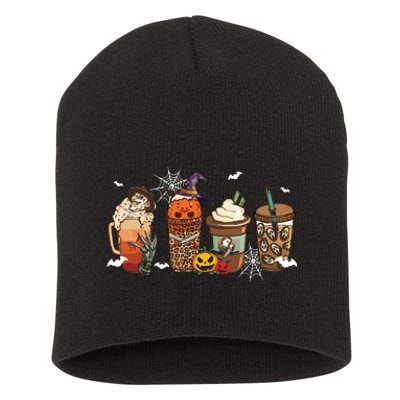 Halloween Horror Movie And Coffee Spooky Season Hello Fall Short Acrylic Beanie