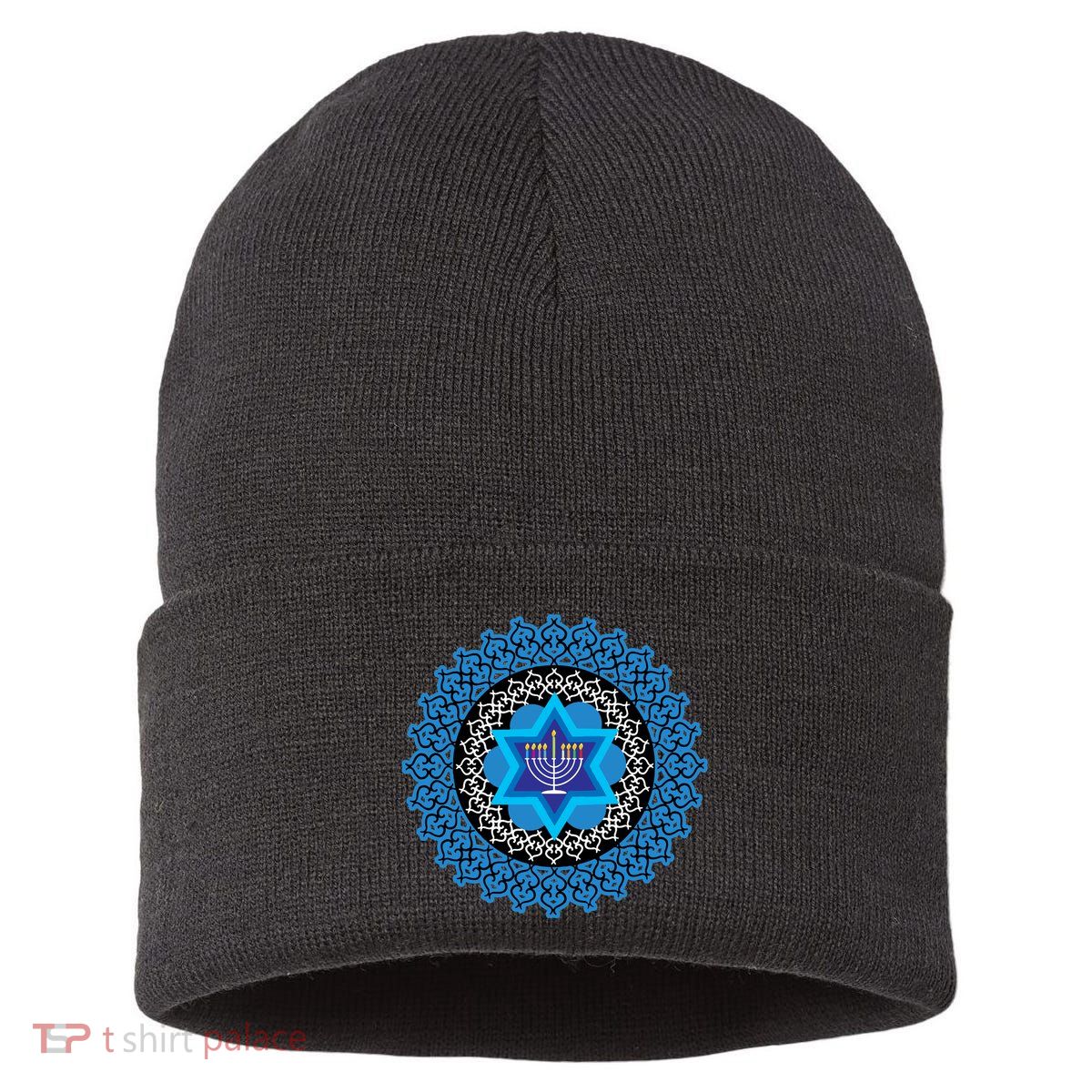 Happy Hanukkah Mandalla Star Of David Menorah Sustainable Knit Beanie
