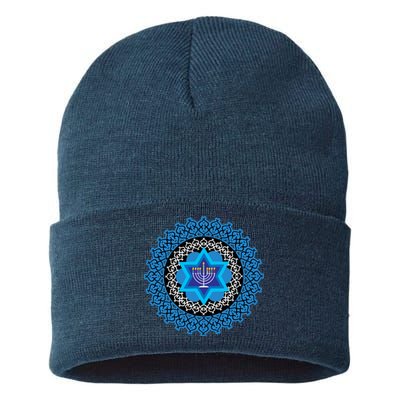 Happy Hanukkah Mandalla Star Of David Menorah Sustainable Knit Beanie