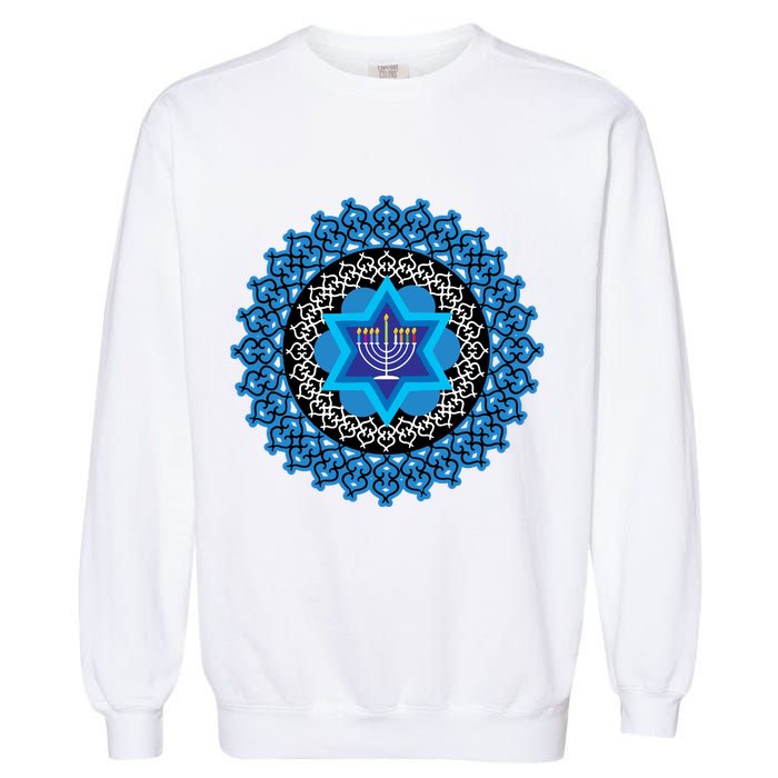 Happy Hanukkah Mandalla Star Of David Menorah Garment-Dyed Sweatshirt