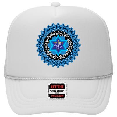 Happy Hanukkah Mandalla Star Of David Menorah High Crown Mesh Back Trucker Hat