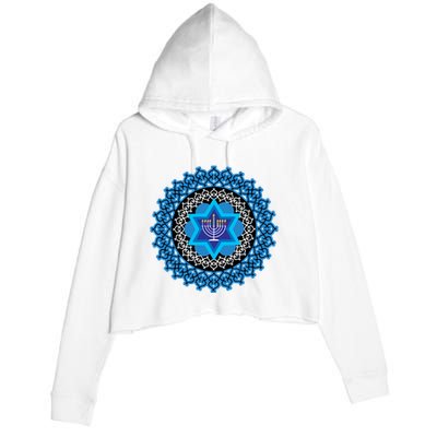 Happy Hanukkah Mandalla Star Of David Menorah Crop Fleece Hoodie