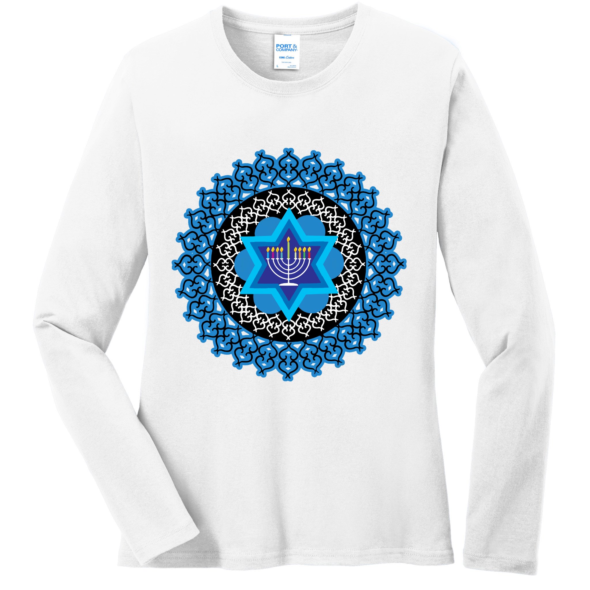 Happy Hanukkah Mandalla Star Of David Menorah Ladies Long Sleeve Shirt