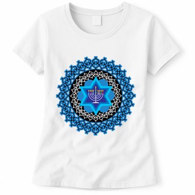 Happy Hanukkah Mandalla Star Of David Menorah Womens T-Shirt