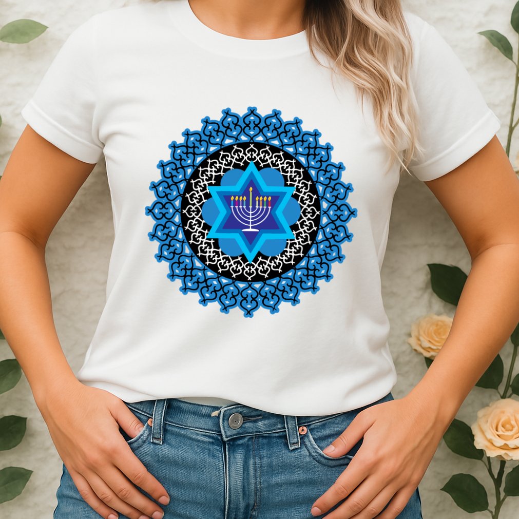 Happy Hanukkah Mandalla Star Of David Menorah Womens T-Shirt