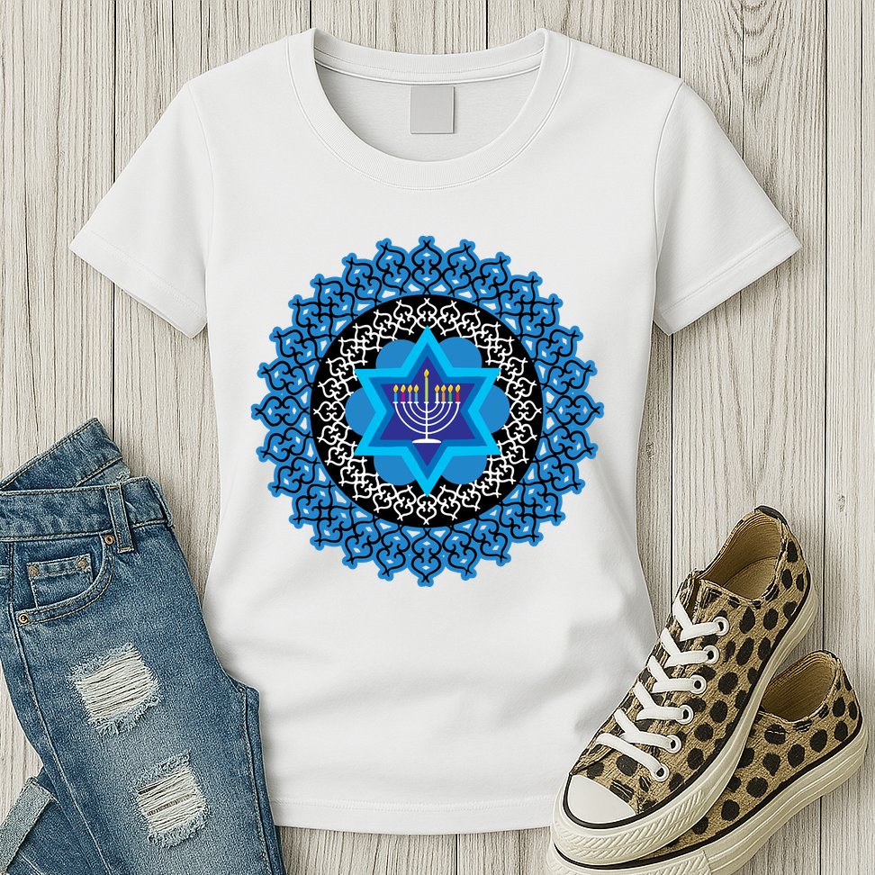 Happy Hanukkah Mandalla Star Of David Menorah Womens T-Shirt