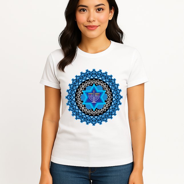 Happy Hanukkah Mandalla Star Of David Menorah Womens T-Shirt