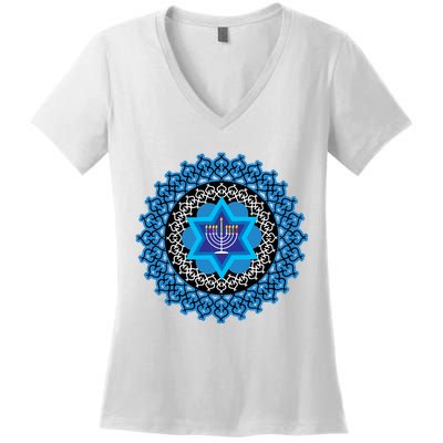 Happy Hanukkah Mandalla Star Of David Menorah Women's V-Neck T-Shirt