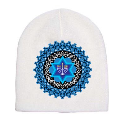 Happy Hanukkah Mandalla Star Of David Menorah Short Acrylic Beanie