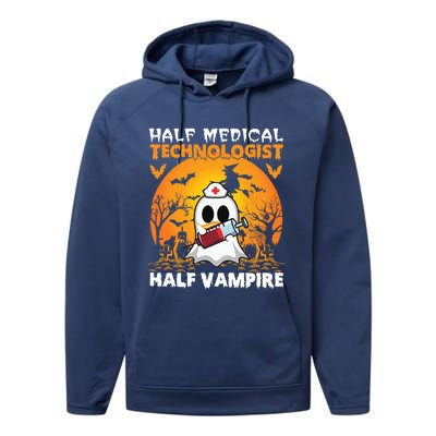 Halloween Half Medical Technologist Half Vampire Ghost Nurse Gift Performance Fleece Hoodie