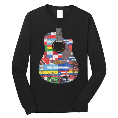 Hispanic Heritage Month All Countries Retro Acoustic Guitar Long Sleeve Shirt