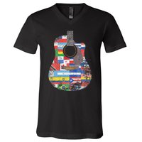 Hispanic Heritage Month All Countries Retro Acoustic Guitar V-Neck T-Shirt