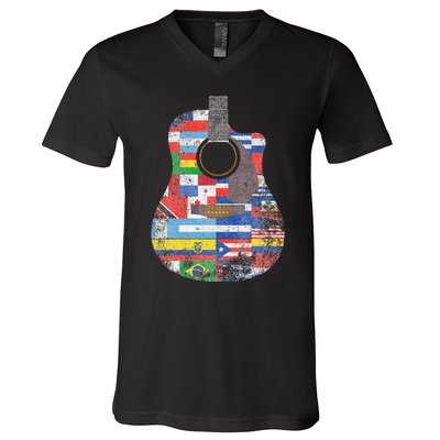 Hispanic Heritage Month All Countries Retro Acoustic Guitar V-Neck T-Shirt