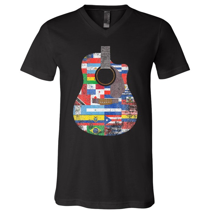 Hispanic Heritage Month All Countries Retro Acoustic Guitar V-Neck T-Shirt