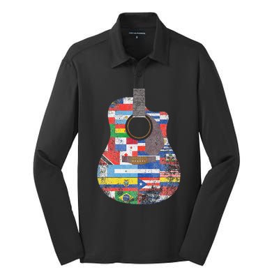 Hispanic Heritage Month All Countries Retro Acoustic Guitar Silk Touch Performance Long Sleeve Polo