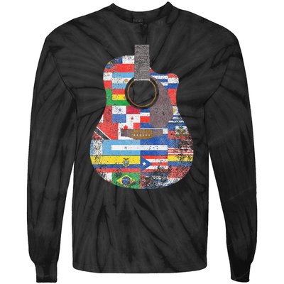 Hispanic Heritage Month All Countries Retro Acoustic Guitar Tie-Dye Long Sleeve Shirt