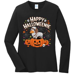 Happy Halloween Mummy Dachshund Pet Owner Holiday Wiener Dog Ladies Long Sleeve Shirt