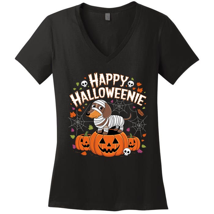 Happy Halloween Mummy Dachshund Pet Owner Holiday Wiener Dog Women's V-Neck T-Shirt