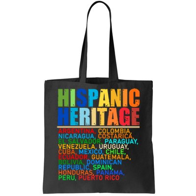 Hispanic Heritage Month National Latino Countries Names Tote Bag