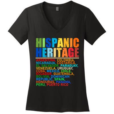 Hispanic Heritage Month National Latino Countries Names Women's V-Neck T-Shirt