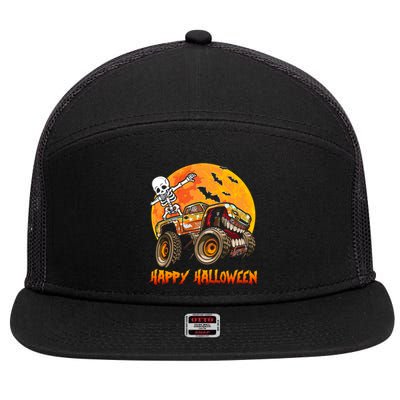 Happy Halloween Monster Truck Dabbing Skeleton Costume Cute Gift 7 Panel Mesh Trucker Snapback Hat