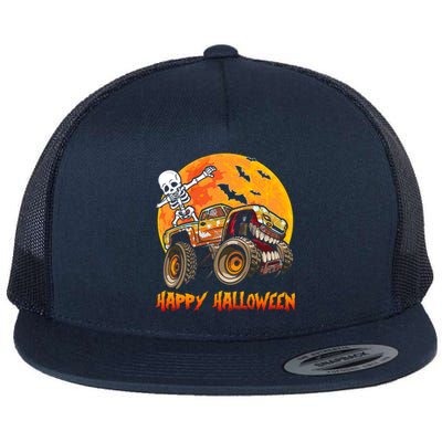 Happy Halloween Monster Truck Dabbing Skeleton Costume Cute Gift Flat Bill Trucker Hat