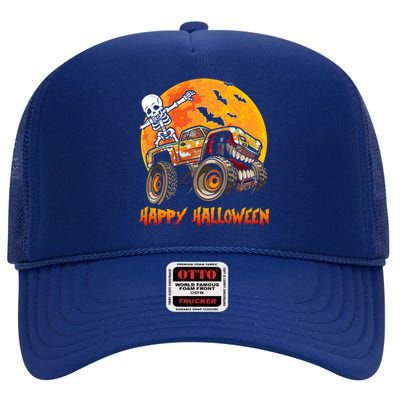 Happy Halloween Monster Truck Dabbing Skeleton Costume Cute Gift High Crown Mesh Back Trucker Hat