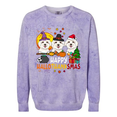 Happy Hallothanksmas Maltese Dog Halloween Thanksgiving Xmas Colorblast Crewneck Sweatshirt