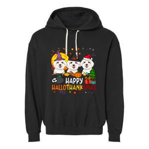 Happy Hallothanksmas Maltese Dog Halloween Thanksgiving Xmas Garment-Dyed Fleece Hoodie