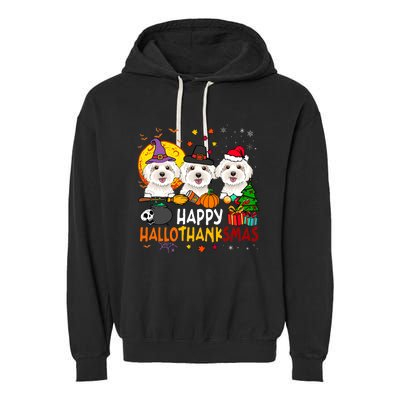 Happy Hallothanksmas Maltese Dog Halloween Thanksgiving Xmas Garment-Dyed Fleece Hoodie